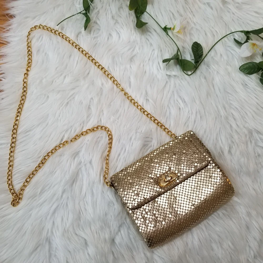 Gold Mesh Evening Clucht Crossbody Bag.